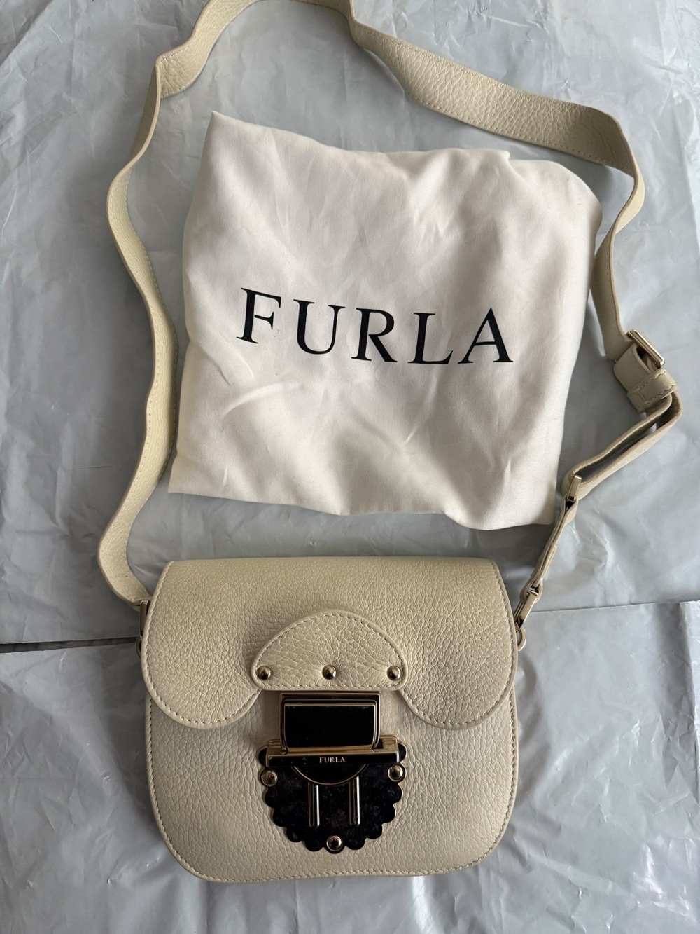 Furla Cream Pebbled Leather Crossbody with Gold-Tone Lock